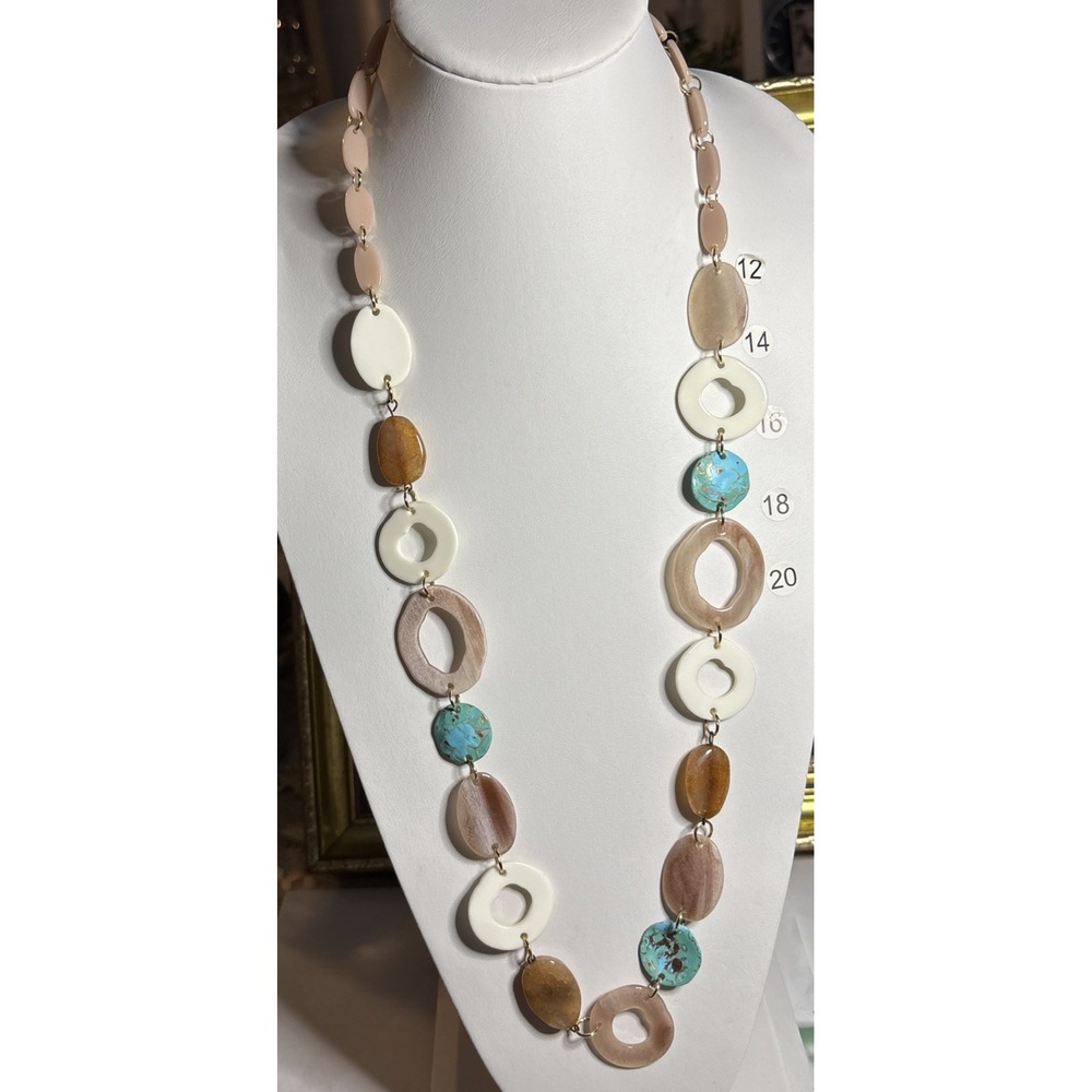 RUSH Long Plastic Resin Statement Necklace Ivory Turquoise Brown NWT